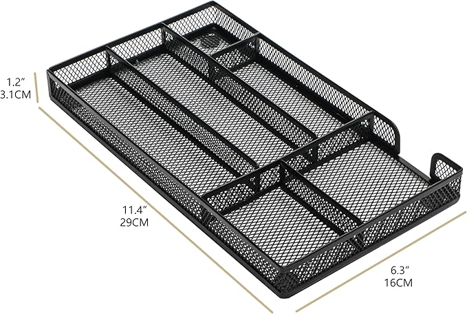 Annova Desk Drawer Organizer Tray for Office Organization - Metal Mesh - Storage Tray with Dividers for Pens, Desktop Accessories, Bathroom, Kitchen, Makeup and Office Supplies (Small, Black)