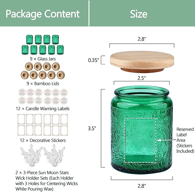 9-Pack 8oz Embossed Glass Candle Container with Bamboo Lids and Labels, Green Candle Jars for Making Candles, Sun Moon Star Design