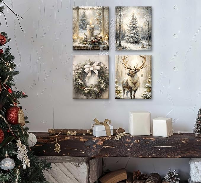 Paint by Number Kit for Adults & Kids, 4 Pack Winter Christmas Scenes (Reindeer, Snowy Tree, Candle Display, Wreath) 12x16Inch Unframed, DIY Acrylic Painting Kit with Brushes & Paints