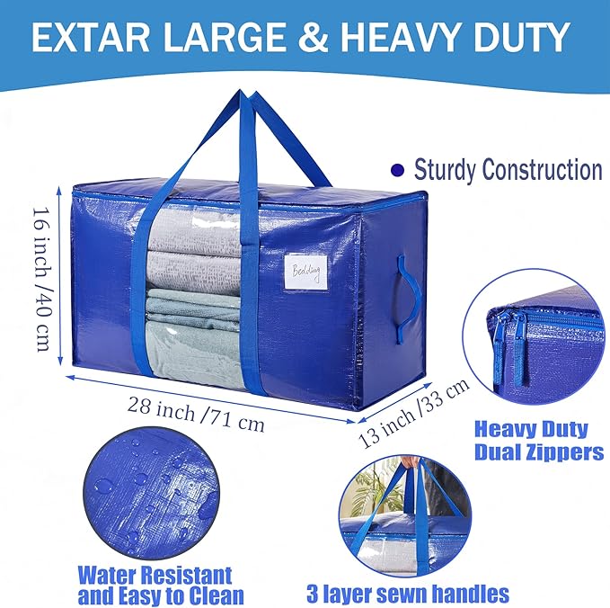 6 Pack Moving Bags Heavy Duty, Large Storage Bags with Visible Window and Zipper, Stronger Wrap-Around Handle and Waterproof Material, Clothes and Blankets Storage, Alternative to Moving Boxes