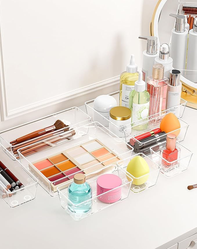 30Pcs Clear Plastic Drawer Organizers Set, 4size makeup drawer organizer trays for vanity,desk,bathroom,office,nightstand,gadgets for kitchen drawer, Versatile drawer divider storage bins