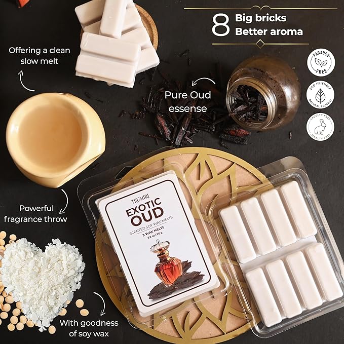 TRUMIRI Exotic Oud Scented Wax Melts - Made with Non Toxic Soy Wax and Essential Oils - Long Lasting Strong Scent for Men Candle Wax Cubes Tarts for Warmers