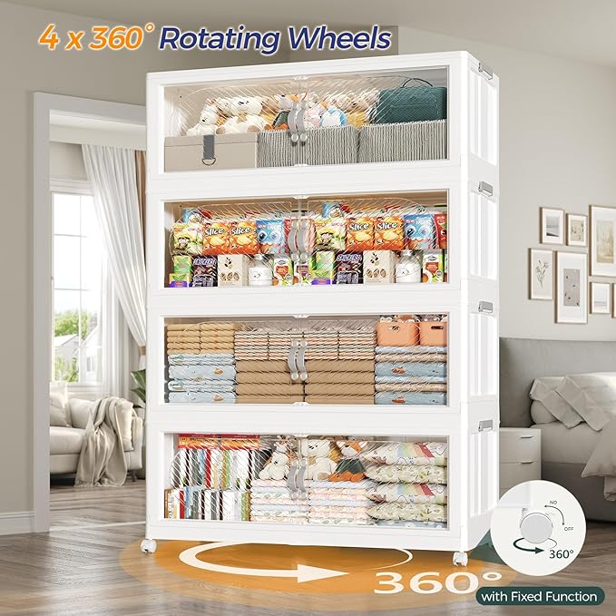 160GAL Plastic Storage Bins with Lid, 640QT Extra Large Stackable Closet Organizers and Storage, Collapsible Storage Boxes with Wheels, Folding Cabinet for Home Kitchen Office, 4Pack White