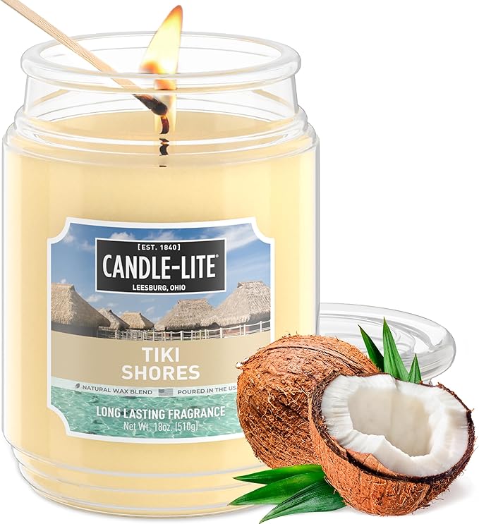 Candle-lite Scented Candles, Tiki Shores, 18 oz Jar, Proudly Poured in The USA, Aromatherapy Candle, Single-Wick with 110 Hours of Burn Time, Perfect for Creating a Refreshing Ambiance