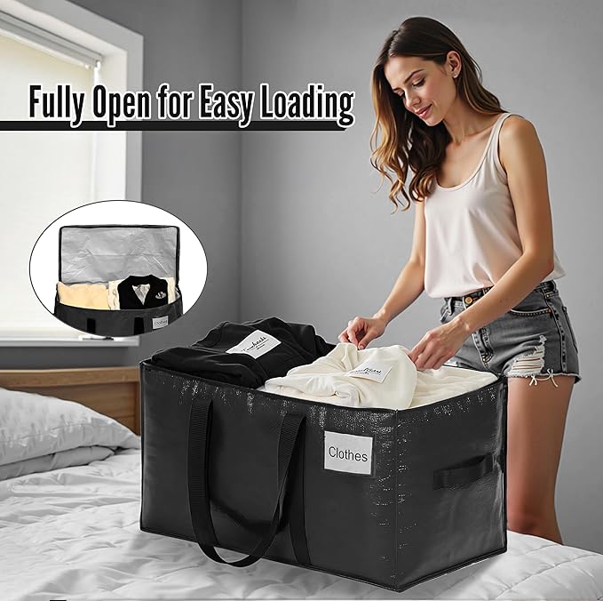 BAGAIL Heavy Duty Moving Bags with Strong Handle, Extra Large Moving Boxes, Storage Tote for Clothes, College Moving Supplies(Black, 4 Pack)