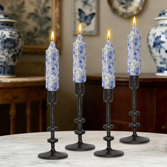 5 inch Short Candle Floral Candle Sticks Printed Candlestick Handmade Unscented Taper Candle 4 pcs Blue Flower Tapered Candles for Home Dinner Wedding Holiday
