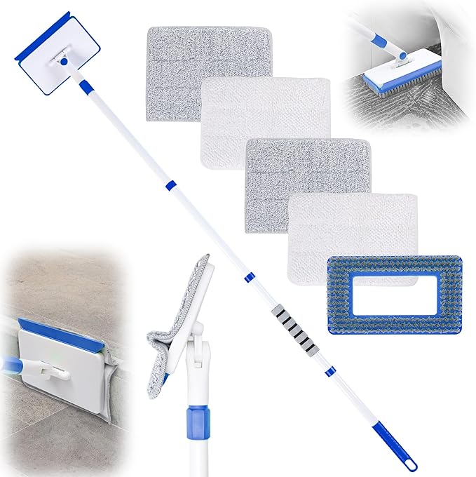 Baseboard Cleaner Tool with Long Handle,Wall Cleaner Mop with Extendable Handle 1 Stiff Bristles mop Head and 4 Reusable Cleaning Pads，Duster for Cleaning Tile Ceiling Window Skirting Board (Blue)