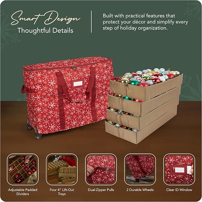 Covermates Keepsakes Rolling Adjustable Ornament Storage Bag – Heavy-Duty Polyester, FlexGrid Trays & Padded Dividers – Protective Holiday Organizer with Wheels, Handles & ID Window, Red Snowflake