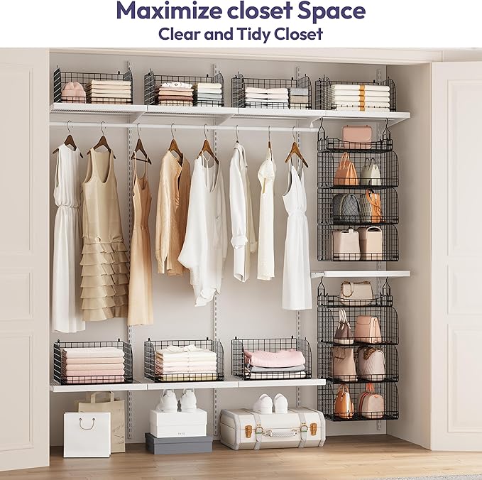 SWTYMIKI Hanging Closet Organizer Storage - 4 Tier Metal Stackable Hanging Closet Shelves with Dividers and S Hooks, Foldable Clothes Shelves for Clothes, Pants, Shoes, Coat, Hats Clutches Accessories