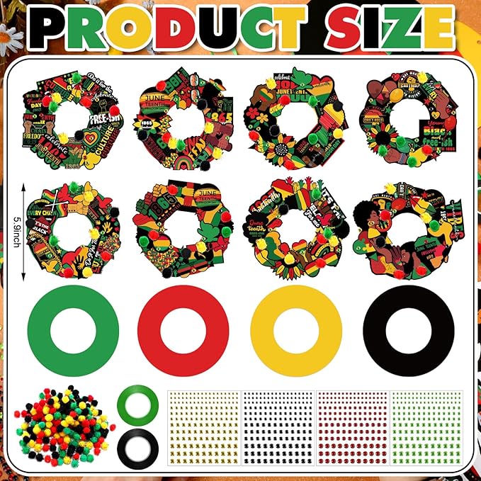 Hollowfly 48 Sets Juneteenth Wreath Craft Kits DIY Juneteenth Wreath Hanging Ornaments African American Paper Arts Craft with Stickers Gifts for June 19th Freedom Independence Day Party Activities