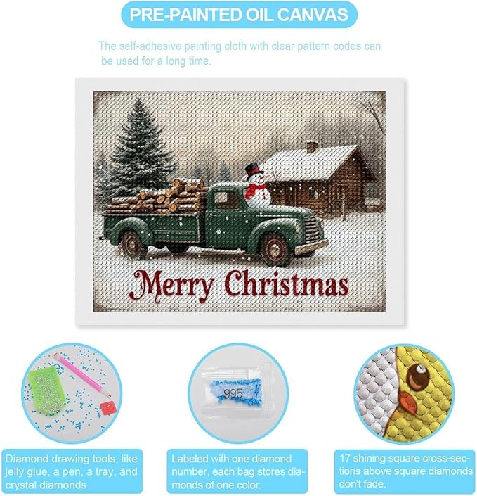 AIVKIEJK Diamond Painting Kits for Adults - Christmas Truck with Snowman & Cabin Winter Painting DIY 5D Full Drill Diamond Dots Paintings with Diamonds Gem Art and Crafts Home Decor 12"x16"