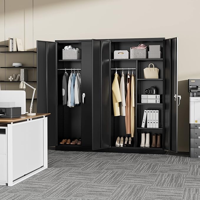 Greenvelly Metal Storage Cabinet with 2 Doors, Black 72” Steel Storage Wardrobe Cabinet, Employees Locker Closet Clothing Coat Steel Wardrobe Cabinet with Hanging Rod for Garage, Gym, Home Office