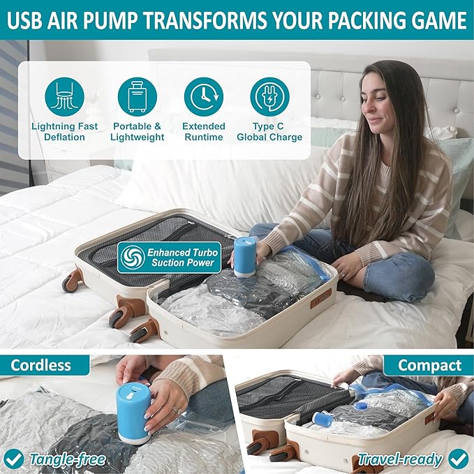Cozy Essential Travel Vacuum Storage Bags with Rechargeable Cordless USB Pump, Space Saver Bags for Luggage, Suitcase, Carry-On, for Clothes, Blankets, Bedding & Seasonal Storage,26 Combo