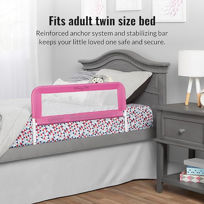 Dream On Me Mesh Security Bed Rail – Toddler Safety Guard with breathable mesh, reinforced anchor system, lightweight, portable, fits adult twin-size beds, Pink