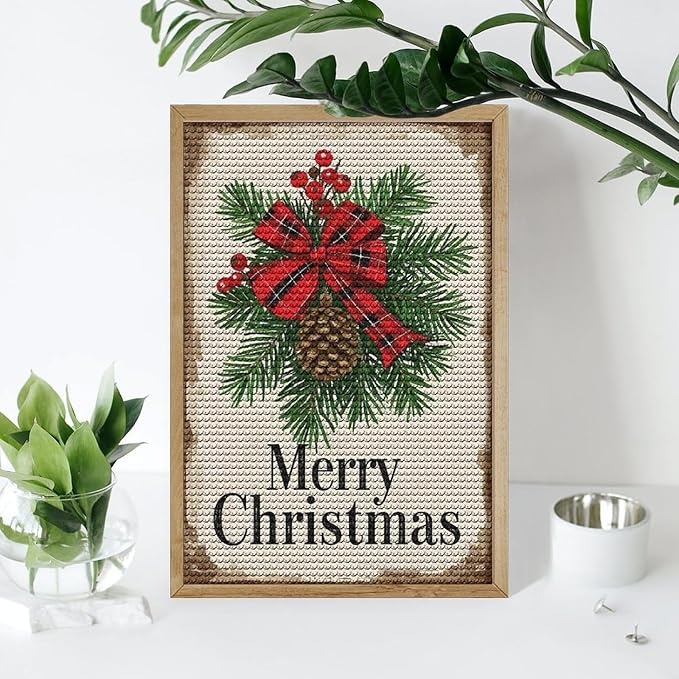 AIVKIEJK Diamond Painting Kits for Adults - Merry Christmas Holly, Pine Cones & Red Plaid Bow Painting DIY 5D Full Drill Diamond Dots Paintings with Diamonds Gem Art and Crafts Home Decor 8"x12"