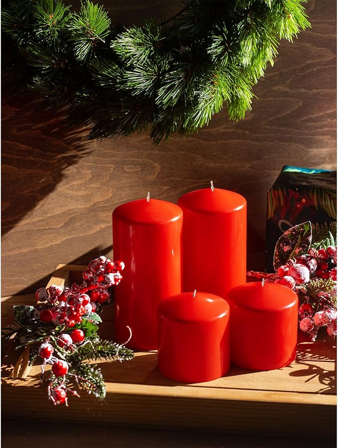 CANDWAX 3x6 Inch Red Pillar Candles Set of 3 - Unscented Christmas Pillars - 80-Hour Burn Time Self-Extinguishing Long Lasting Candles for Home Decor - Cone-Top Red Candles