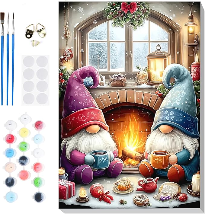 Bowetile Christmas Paint by Numbers for Adults Beginners Framed, Gnome Adults' Paint-by-Number Kits, Adult Paint by Number Kits on Canvas, Acrylic Number Painting for Home Decor, 8x12in