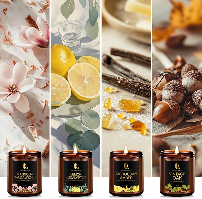 Candles Gifts for Women Men, Candle for Home Scented, 4Pack 28oz Soy Candles Set, Scents of Lemon Eucalyptus/Moroccan Amber/Magnolia & Sandalwood/Vintage Oak