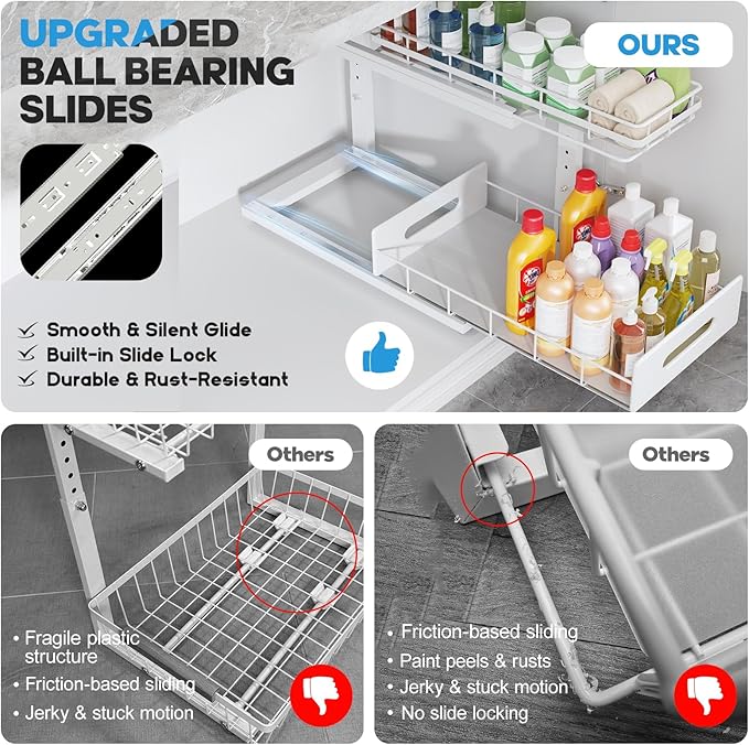 Under Sink Organizer Upgrade To Professional Rails,2-Tier Dual Pull Out Cabinet Storage,Height Adjustable Slide Out Drawers For Bathroom Kitchen,1 Pack-18.5"Dx12.8"-16.9"H,White