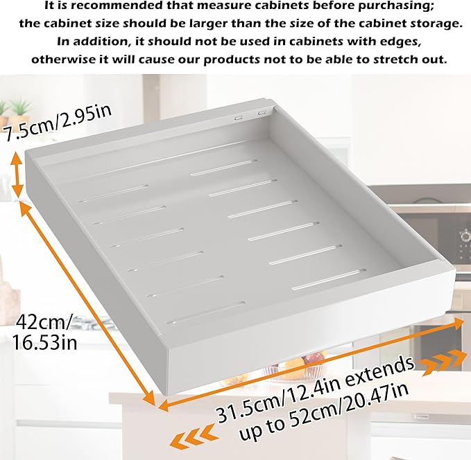 COVAODQ 1 Pack Pull Out Cabinet Organizer Extendable Sliding Slide Out Pantry Shelves Storage No Punch for Kitchen Base Cabinet Organization, Pantry, Bathroom Adjustable Width 12.4" to 20.4"