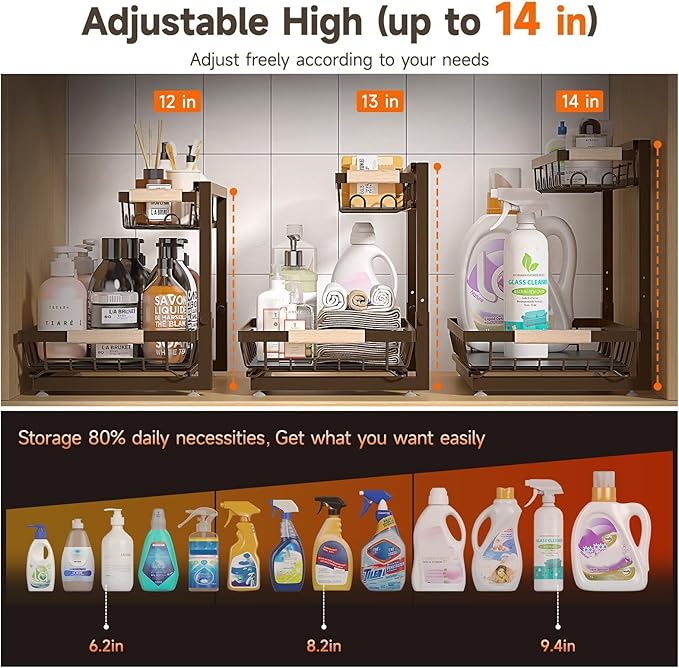 2 Packs Under Sink Organizer, Height Adjustable 2 Tier Under Kitchen Sink Organizer, Multi-Purpose Storage Shelf for Kitchen Bathroom Cabinet (Brown, Extra Large)
