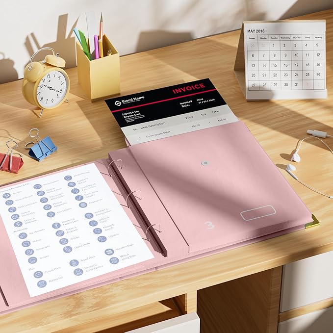 3-Ring Folder Organize Sturdy Hardboard Important Document Organizer with Expanding Pockets for Home, School, Office Use (Pink)