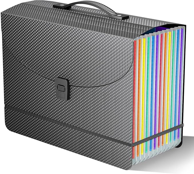 Expanding File Folder/Accordion File Organizer/Portable File Box with 13 Pockets,Fun Storage Filing Folders with Handle,Perfect for Standing and Carrying,A4/Letter Size,Colored Tabs,Black Diamond