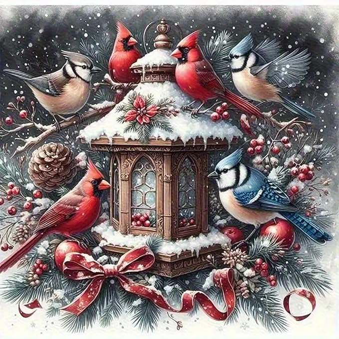 Winter Diamond Painting Kits for Adults Beginners,DIY Cardinal Birds Diamond Art,5D Full Round Drill Diamond Dot Gem Art Kits, Home Wall Decor 14x14 Inch