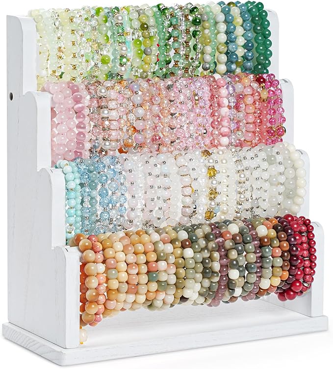 Emfogo Bracelet Holder, 4 Tier Bracelet Organizer Storage for Bracelets Bangles Watch Scrunchies, Rustic Wood Jewelry Organizer Display for Home, Vendors, Craft Shows and Store(White)