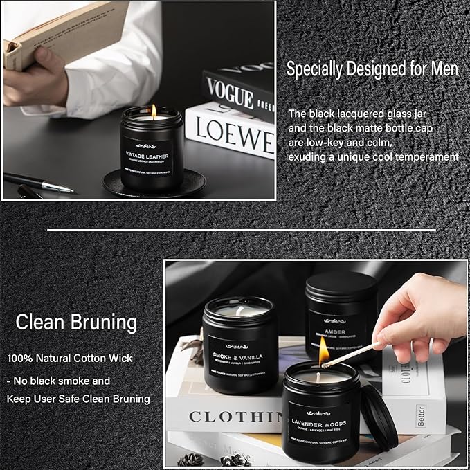 Scented Candles for Men - 42oz Soy Wax Long Lasting Candle, Manly Scented Candles with Leather/Smoke&Vanilla/Oak/Lavender/Orris/Amber-Mens Candle Gift Set for Birthday, Fathers Day, Man Cave Decor