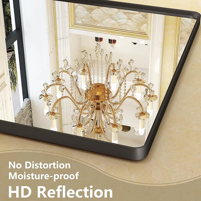 OKPAL 30X36 Inch Matte Black Metal Frame Bathroom Mirror for Wall, Black Bathroom Vanity Mirror Farmhouse, Black Rounded Rectangle Mirror, Anti-Rust, Tempered Glass (Horizontal/Vertical)