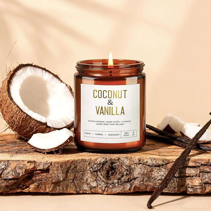 Coconut Vanilla Candles - 9 oz Natural Soy Candles for Home Scented, Long Lasting Soy Wax Aromatherapy Candle Gift Set for Women Spa Relax Stress Relief & Meditation