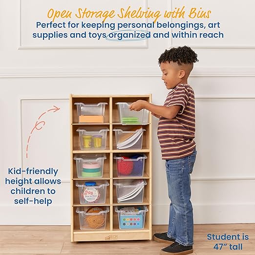 ECR4Kids 10 Cubby Tray Cabinet with Scoop Front Storage Bins, 5x2, Natural, Classroom Furniture, Clear