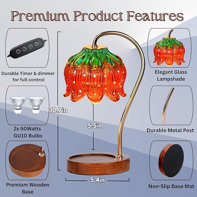Candle Warmer Lamp with Timer, Dimmable Wax Melt Lamp for Large & Standard Jar Candles, Includes 2 GU10 Bulbs, Elegant Vintage Home Decor Gift for Women & Mom (A1-Strawberry Lotus)