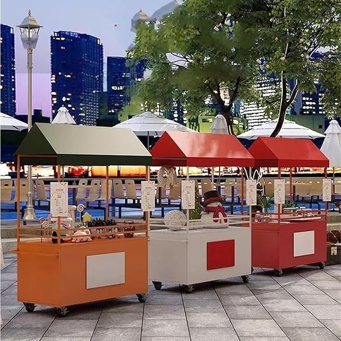 JKGHK Vending Iron Cart with Canopy, 4-Wheel Portable Mobile Dining Market Stall, Outdoor Dining Carts Market Stall, for Street Food, Handicrafts, Snacks(Red,100cm/39.3in)
