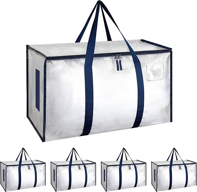 Simple Deluxe 4 Pack Extra Large Moving Bags with Lids, Reinforced Handles and Zippers, Heavy Duty Storage Tote for Moving Travel Camping Space Saving, White