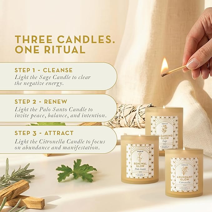 Candle Set - 3 Pack Soy Wax Aromatherapy Scented Candles for Energy Cleansing, Manifestation, Palo Santo, Sage, Citronella, Long Lasting, Gift for Women, for her, Smudge Kit