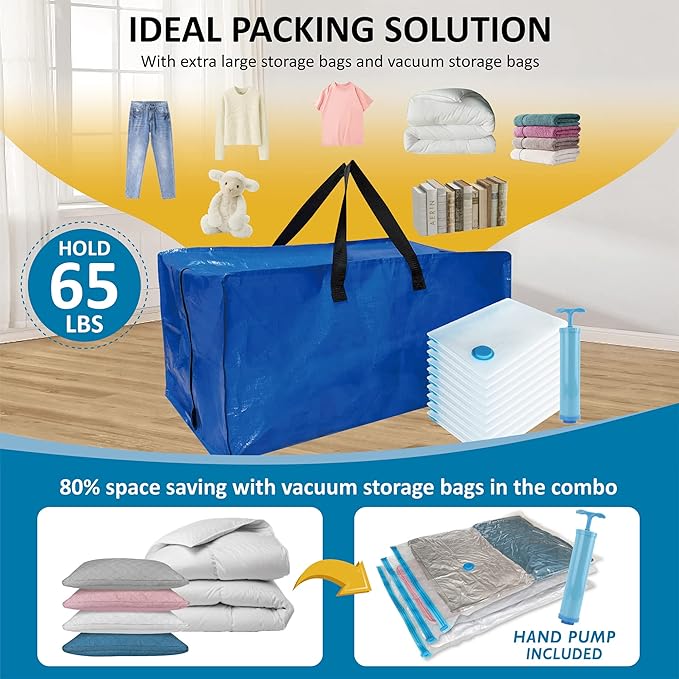 20 Pack Heavy Duty Extra Large Moving Bags with Backpack Straps & Vacuum Storage Bags, Moving Totes with Handles for Space Saving, Christmas Storage Bags for Wreaths, Garlands, Decoration & Ornaments