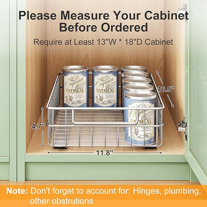 Pull out Cabinet Organizer, Stainless Steel 4-Pack Slide out Drawer with Silent Full-Extension Slides, Adhesive Roll out Can Spice Storage Basket Shelf Rack for Pantry, Kitchen, Bathroom, Home Closet