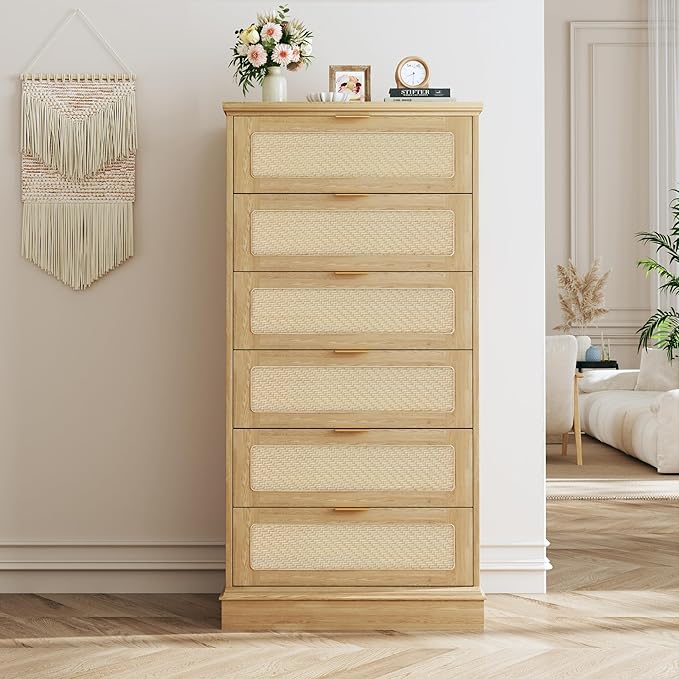 HUAHUU 6 Drawer Dresser for Bedroom, 50 Inch Tall Dressers & Rattan Chest of Drawers, Boho Style, Wood Modern Dressers Organizer for Bedroom, Living Room, Hallway, Entryway, Oak