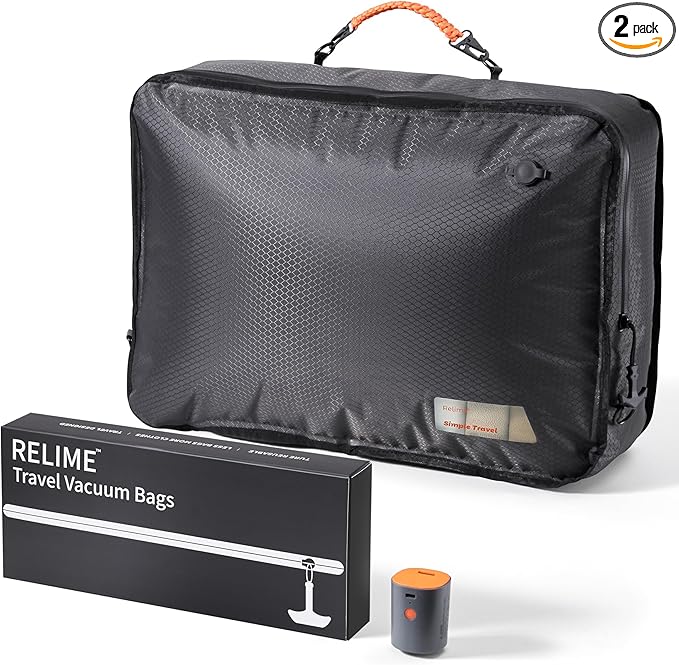 Relime Apex Series Vacuum Bags for Travel Luggage, 180° Open, Reusable Compression Bags for travel Pack, Vacuum Seal Packing Cube for Cloth (1Large+Pump)