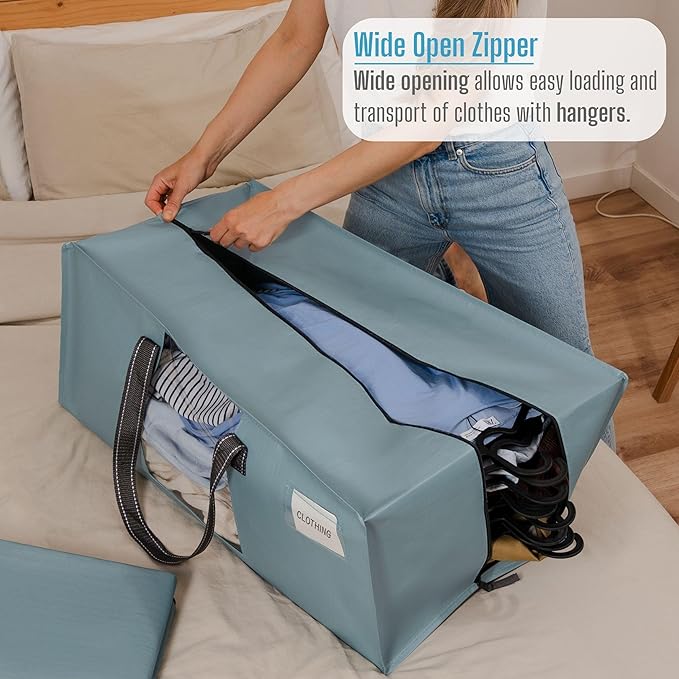 VENO 2 Pack Heavy Duty Moving Bags, Christmas Storage Bins with Lids, Transparent Window Design, Alternative to Moving Boxes, Storage Bags for Clothes, Blankets, Comforters (Light Blue Matte, 2 Pack)