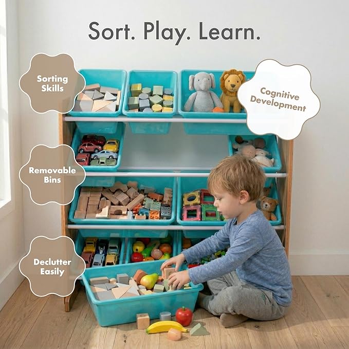 Humble Crew Kids Toy Storage Organizer with 12 Plastic Bins, Natural Wood/Aqua – Removable Bins for Playroom, Bedroom, Toddler Furniture for Boys and Girls Ages