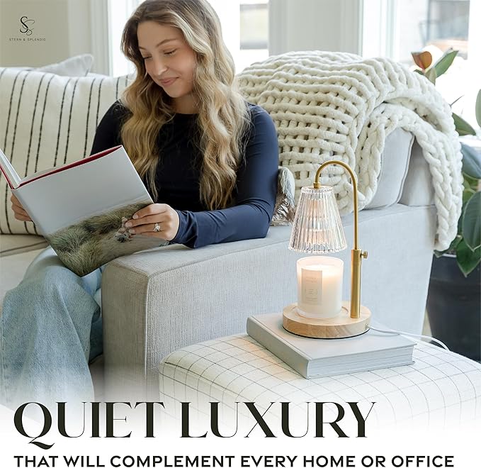 STERN & SPLENDID Adjustable Wood Candle Warmer Lamp for Jar Candles – Large Round Base, Dimmable Electric Candle Melter with Timer, Flameless Candle Heating Lamp with 4 Halogen Light Bulbs
