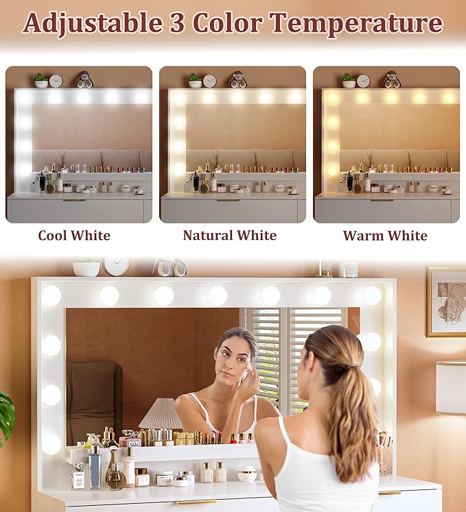 ALEXNUTRE Vanity Desk with Mirror and Lights, Makeup Vanity with Large Mirror & 13 Lights, White Vanity with 5 Drawers, 3 Lighting Modes Adjustable, Vanity Desk with Power Outlet for Bedroom
