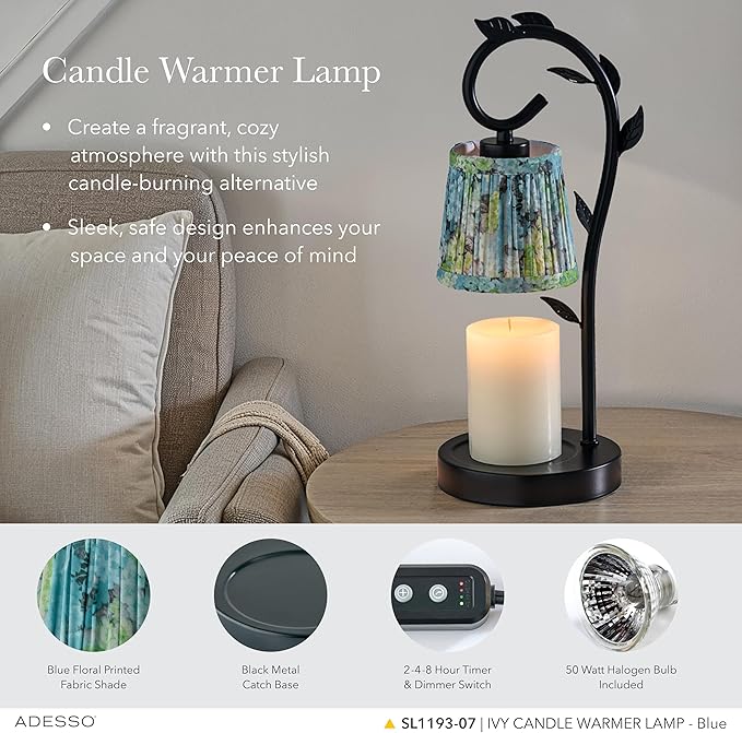 Adesso Candle Warmer Lamp – Flameless Candle Melter with Adjustable Timer & Dimmable Light, Bulb Included, Blue Floral Printed Shade, for Home, Dorm, or Office