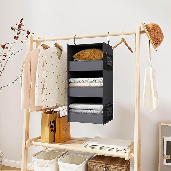 3-Shelf Hanging Closet Organizer and Storage, Foldable Hanging Closet Shelves Front Lip Design Washable Hanging Storage, Dark Gray
