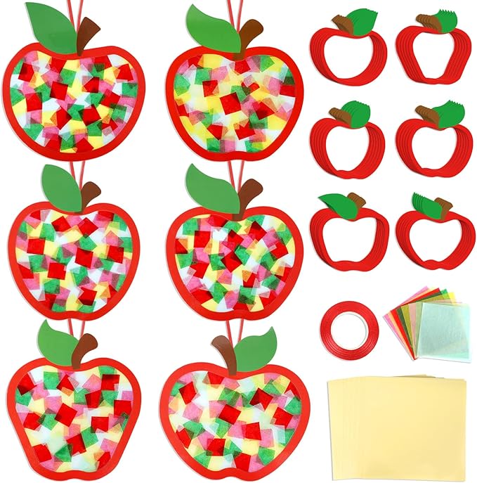 Qyeahkj 36 Set Fall Apple Suncatchers Crafts for DIY Autumn Apple Window Tissue Paper Craft Kit Hanging Decor for Back to Home Activity Art Project Birthday Party Favor Gift
