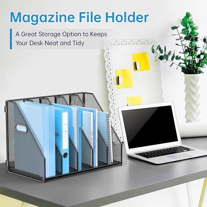 MINDEPOT Desk File Organizer Metal Desk Magazine Folder Holder with 5 Vertical Compartments Rack File Organizer for Office, Home, School, Black
