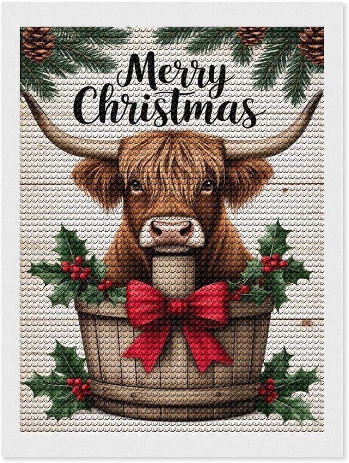 AIVKIEJK Diamond Painting Kits for Adults - Highland Cow Merry Christmas Painting DIY 5D Full Drill Diamond Dots Paintings with Diamonds Gem Art and Crafts Home Decor 12"x16"